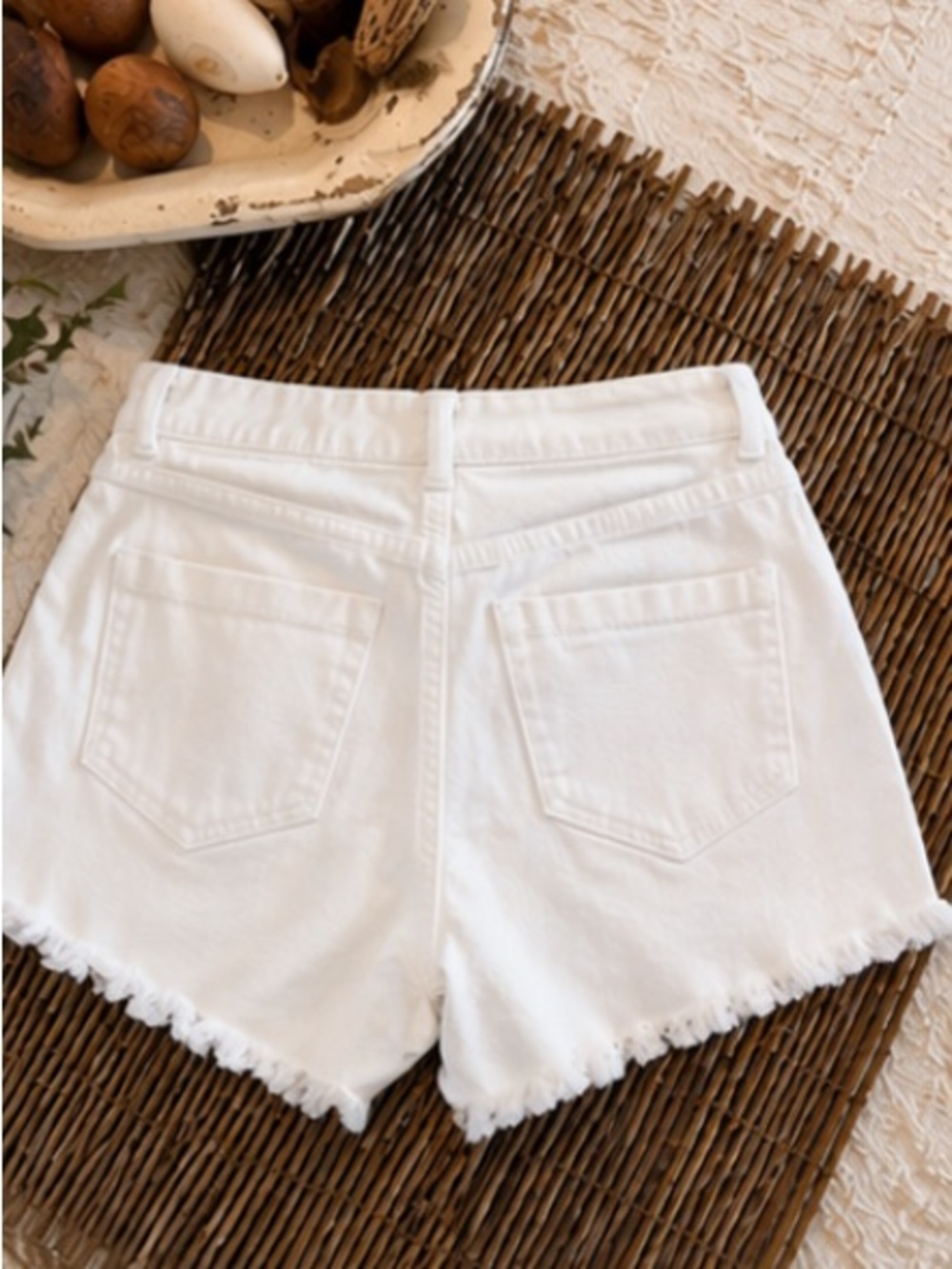 White Denim Jean Shorts with Silver Rhinestone Fringe - Picture 2 of 4